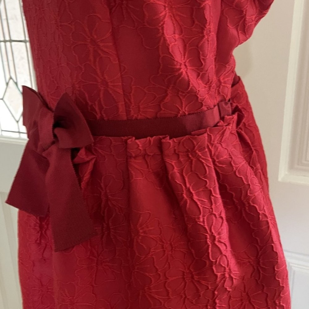 Carolina Herrera Red Bow Sleeveless Cocktail Dress 12 Ribbon Waist Floral Satin - Picture 11 of 14